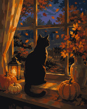 Charger l'image dans la galerie, Peinture par numéros Figured'Art Chat Noir à la Fenêtre et Citrouilles