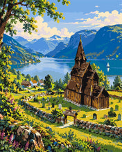 Charger l'image dans la galerie, Peinture par numéros Figured'Art Fjord en Norvège et Église en Bois