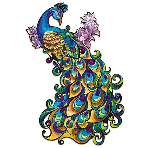 Puzzle 2D en Bois - Paon bleu et jaune