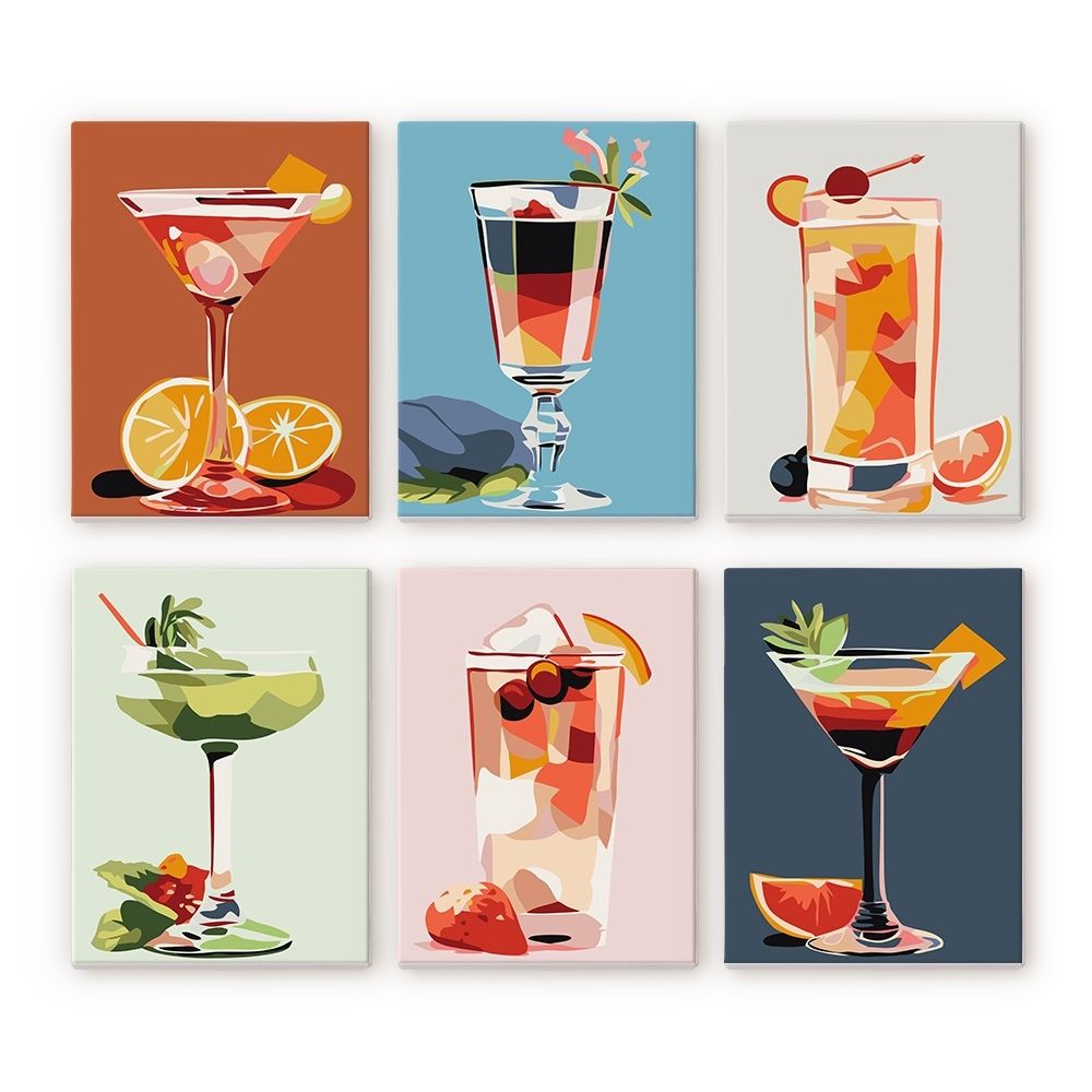 Lot De 6 Peintures Par Numéros Cocktail – Mini 15x20 Cm – Série Mixologie Bar – Cadre Inclus – Pour Adultes Et Débutants