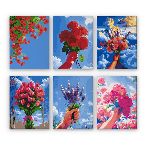 Peinture par numéros – Coffret de 6 toiles | Bouquets de Fleurs dans le Ciel Figured'Art