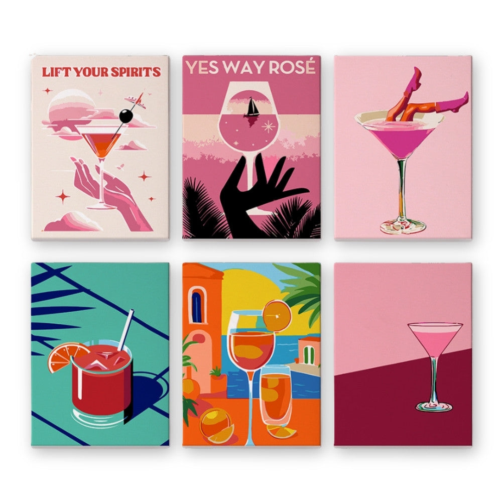 Lot De 6 Peintures Par Numéros Cocktail – Mini 15x20 Cm – Série Mixologie Bar – Cadre Inclus – Pour Adultes Et Débutants