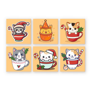 Mini Peinture par numéros 20x20cm (6 pièces) - Chats de Noël dans des Tasses