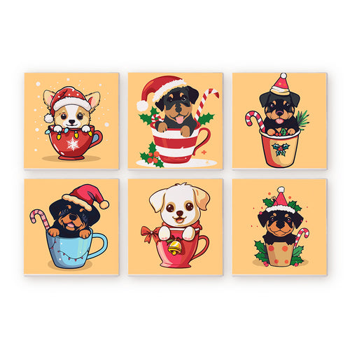 Mini Peinture par numéros 20x20cm (6 pièces) - Chiens de Noël dans des Tasses