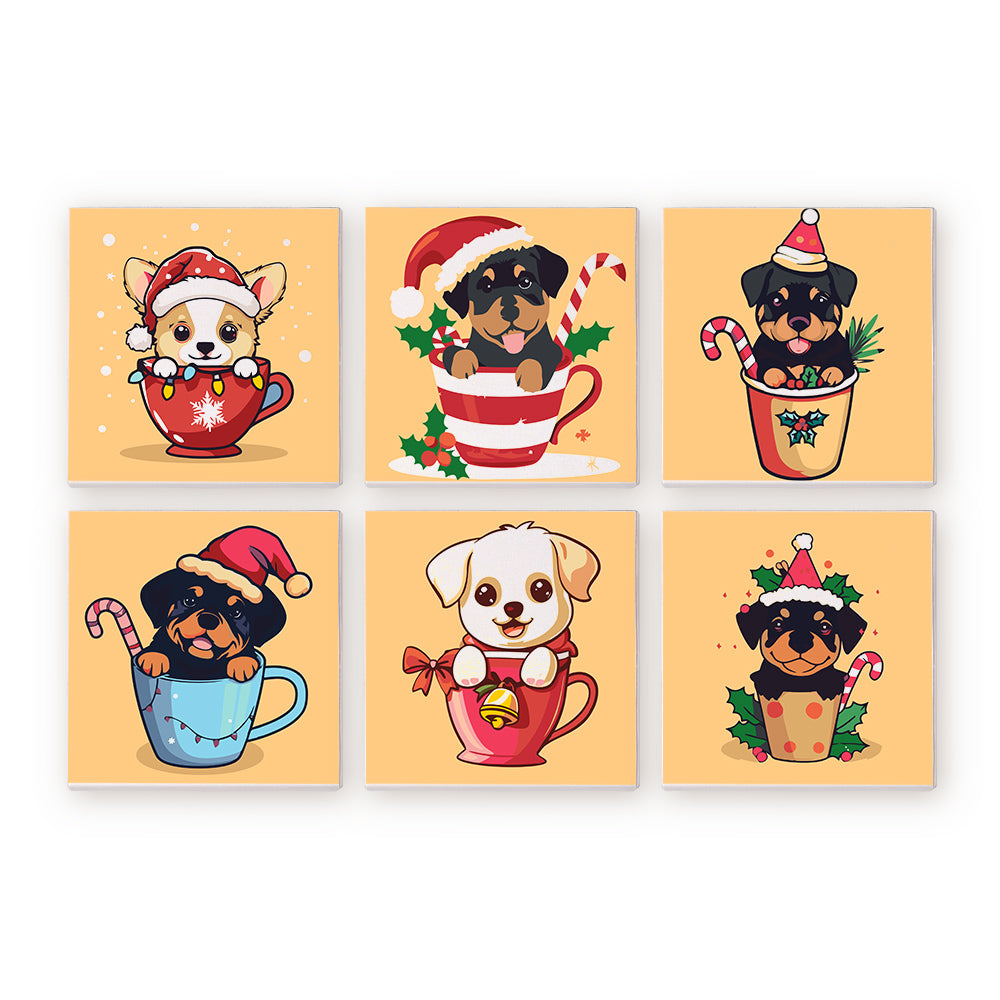 Mini Peinture par numéros 20x20cm (6 pièces) - Chiens de Noël dans des Tasses