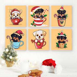 Mini Peinture par numéros 20x20cm (6 pièces) - Chiens de Noël dans des Tasses