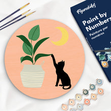 Charger l&#39;image dans la galerie, Peinture par Numéro sur Disque en bois - Chaton et Plante au clair de Lune