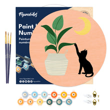 Charger l&#39;image dans la galerie, Peinture par Numéro sur Disque en bois - Chaton et Plante au clair de Lune