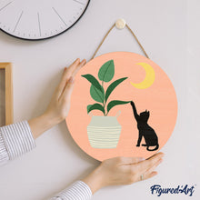 Charger l&#39;image dans la galerie, Peinture par Numéro sur Disque en bois - Chaton et Plante au clair de Lune