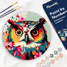 Charger l&#39;image dans la galerie, Peinture par Numéro sur Disque en bois - Hibou Fantaisie et Fleurs