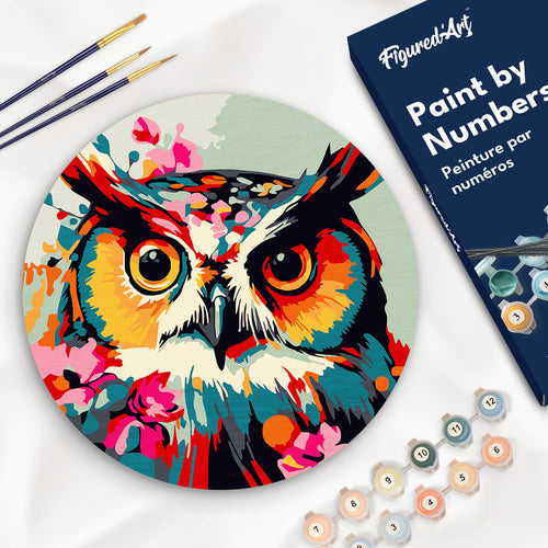 Peinture par Numéro sur Disque en bois - Hibou Fantaisie et Fleurs