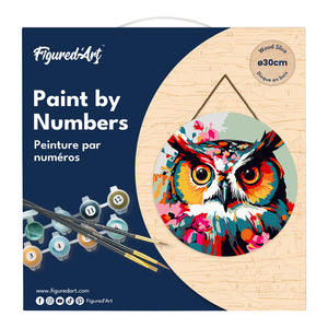 Peinture par Numéro sur Disque en bois - Hibou Fantaisie et Fleurs