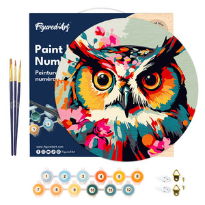 Peinture par Numéro sur Disque en bois - Hibou Fantaisie et Fleurs