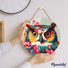 Charger l&#39;image dans la galerie, Peinture par Numéro sur Disque en bois - Hibou Fantaisie et Fleurs