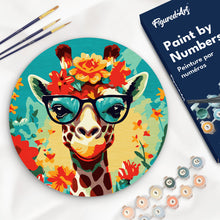 Charger l&#39;image dans la galerie, Peinture par Numéro sur Disque en bois - Girafe fantaisie et fleurs