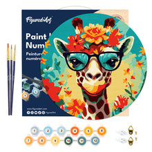 Charger l&#39;image dans la galerie, Peinture par Numéro sur Disque en bois - Girafe fantaisie et fleurs