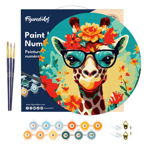 Peinture par Numéro sur Disque en bois - Girafe fantaisie et fleurs