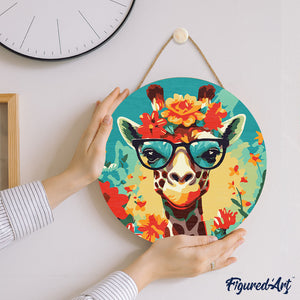 Peinture par Numéro sur Disque en bois - Girafe fantaisie et fleurs