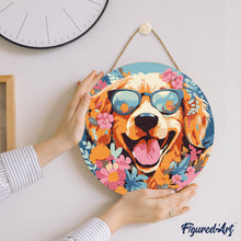 Charger l&#39;image dans la galerie, Peinture par Numéro sur Disque en bois - Chiot fantaisie et des fleurs