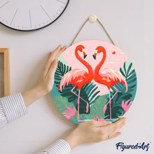 Charger l&#39;image dans la galerie, Peinture par Numéro sur Disque en bois - Flamants Roses Tropicaux