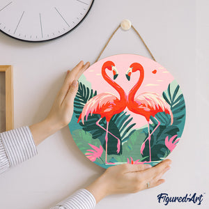 Peinture par Numéro sur Disque en bois - Flamants Roses Tropicaux