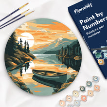 Charger l&#39;image dans la galerie, Peinture par Numéro sur Disque en bois - Lac de montagne et canoë