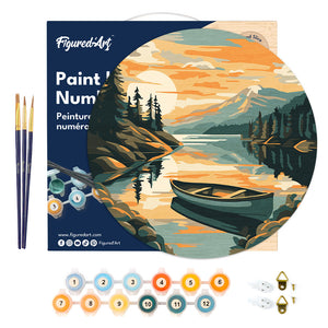 Peinture par Numéro sur Disque en bois - Lac de montagne et canoë