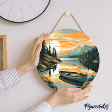 Charger l&#39;image dans la galerie, Peinture par Numéro sur Disque en bois - Lac de montagne et canoë