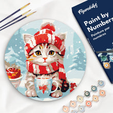 Charger l&#39;image dans la galerie, Peinture par Numéro sur Disque en Bois - Chat Mignon avec Écharpe Rouge