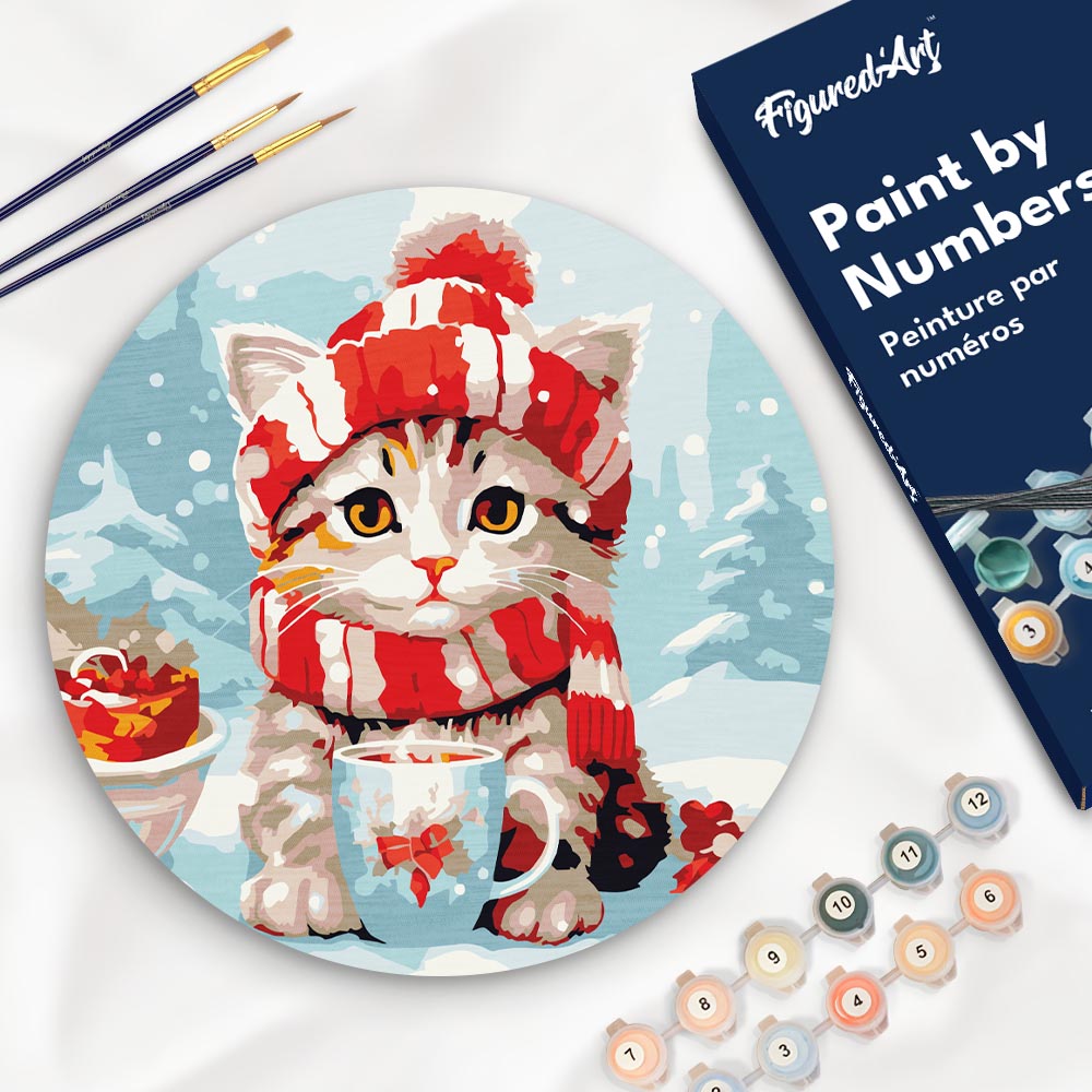 Peinture par Numéro sur Disque en Bois - Chat Mignon avec Écharpe Rouge
