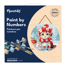 Charger l&#39;image dans la galerie, Peinture par Numéro sur Disque en Bois - Chat Mignon avec Écharpe Rouge