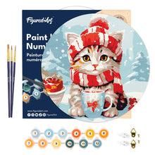 Charger l&#39;image dans la galerie, Peinture par Numéro sur Disque en Bois - Chat Mignon avec Écharpe Rouge