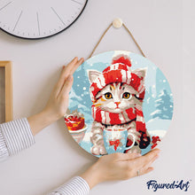 Charger l&#39;image dans la galerie, Peinture par Numéro sur Disque en Bois - Chat Mignon avec Écharpe Rouge