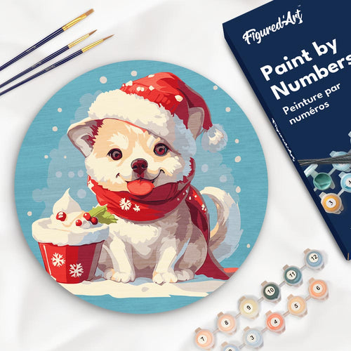 Peinture par Numéro sur Disque en Bois - Chiot de Noël