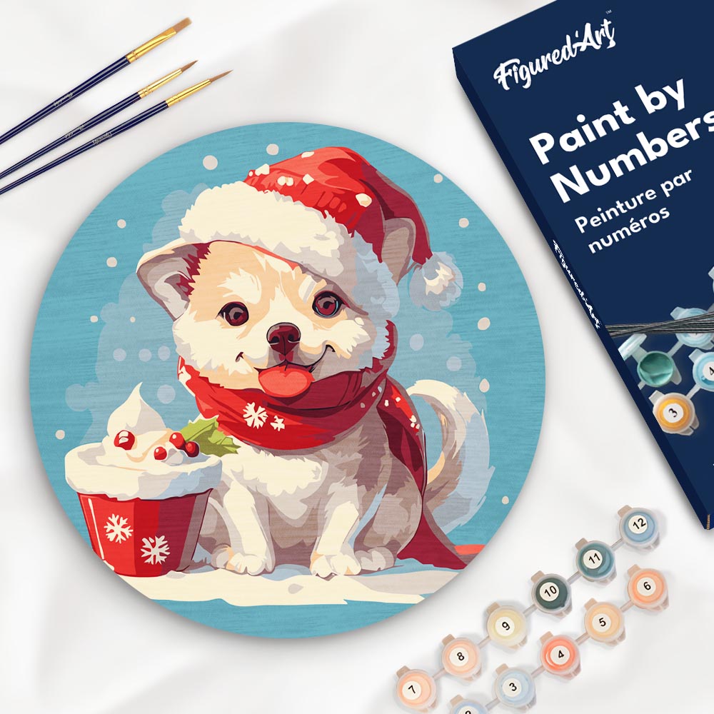 Peinture par Numéro sur Disque en Bois - Chiot de Noël