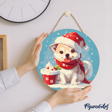 Charger l&#39;image dans la galerie, Peinture par Numéro sur Disque en Bois - Chiot de Noël