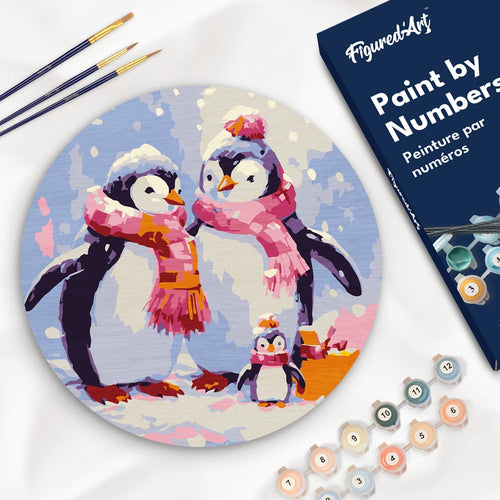 Peinture par Numéro sur Disque en Bois - Famille de Pingouins sous la Neige