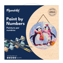 Charger l&#39;image dans la galerie, Peinture par Numéro sur Disque en Bois - Famille de Pingouins sous la Neige