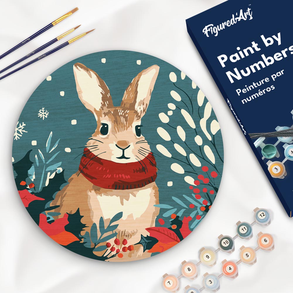 Peinture par Numéro sur Disque en Bois - Lapin de Noël