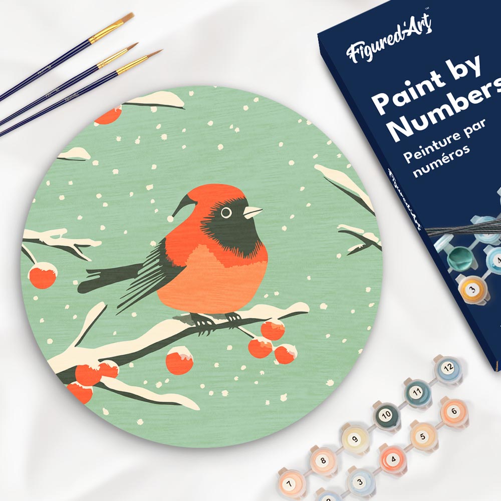Peinture par Numéro sur Disque en Bois - Oiseau Rouge d'Hiver