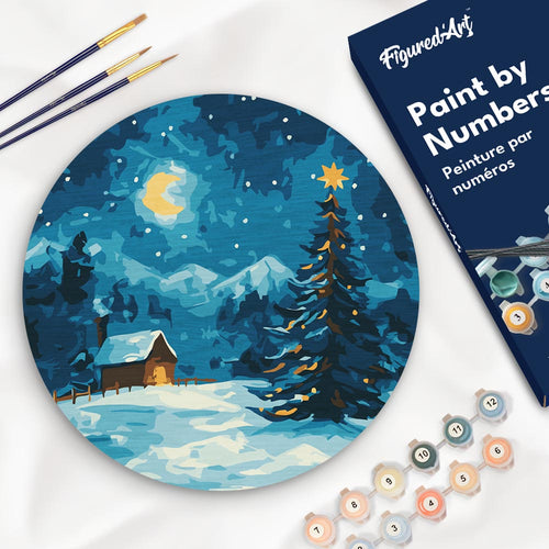Peinture par Numéro sur Disque en Bois - Nuit Étoilée à Noël