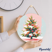 Charger l&#39;image dans la galerie, Peinture par Numéro sur Disque en Bois - Sapin de Noël Enneigé