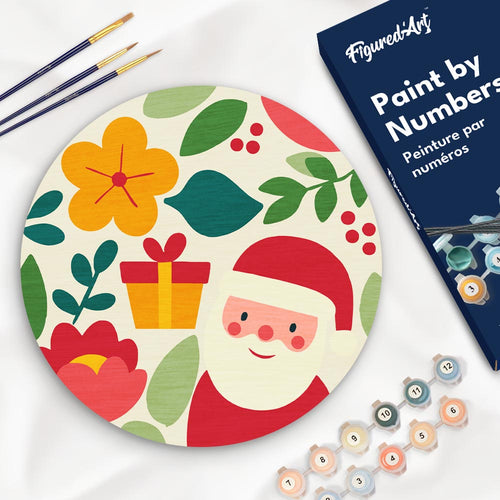 Peinture par Numéro sur Disque en Bois - Père Noël et Fleurs