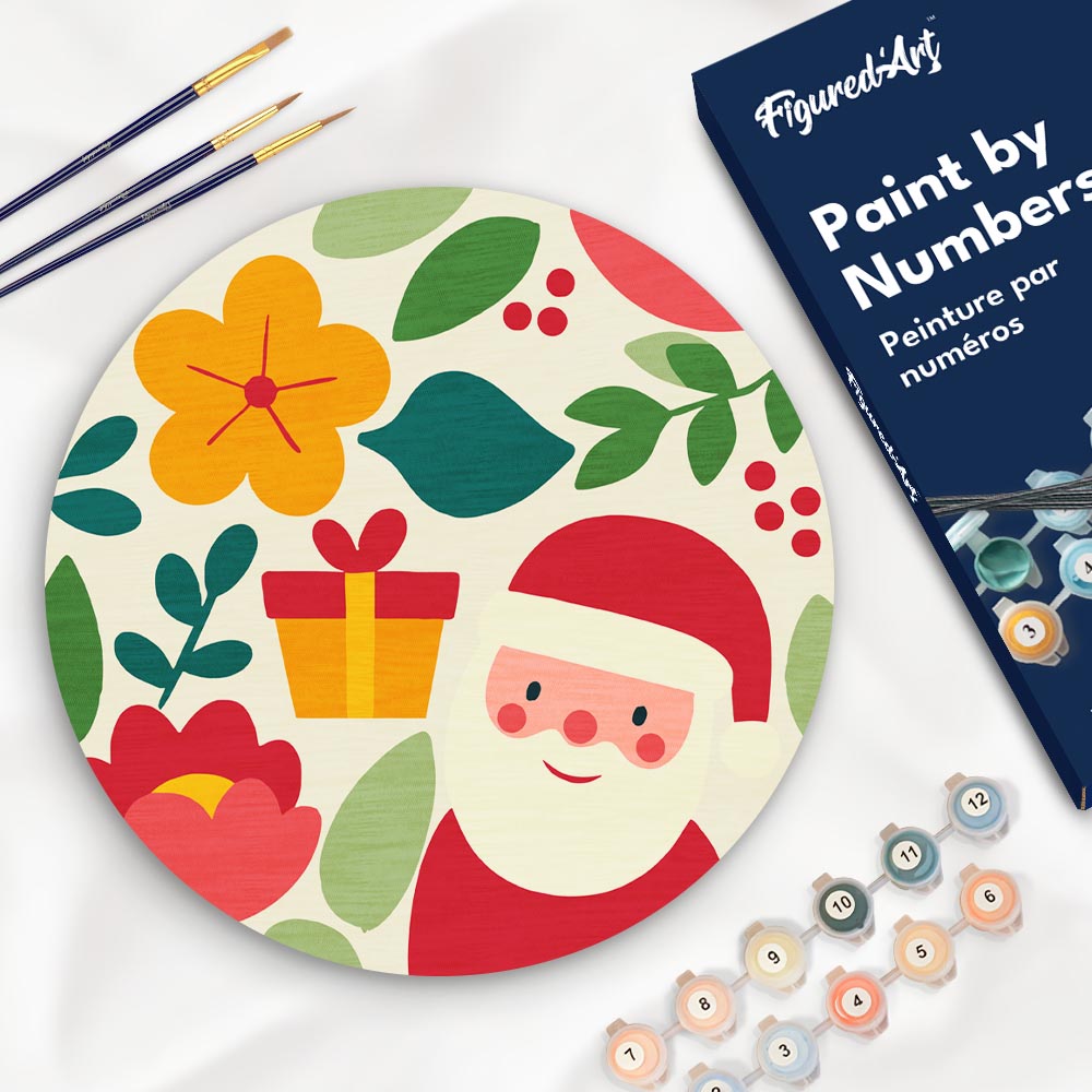 Peinture par Numéro sur Disque en Bois - Père Noël et Fleurs