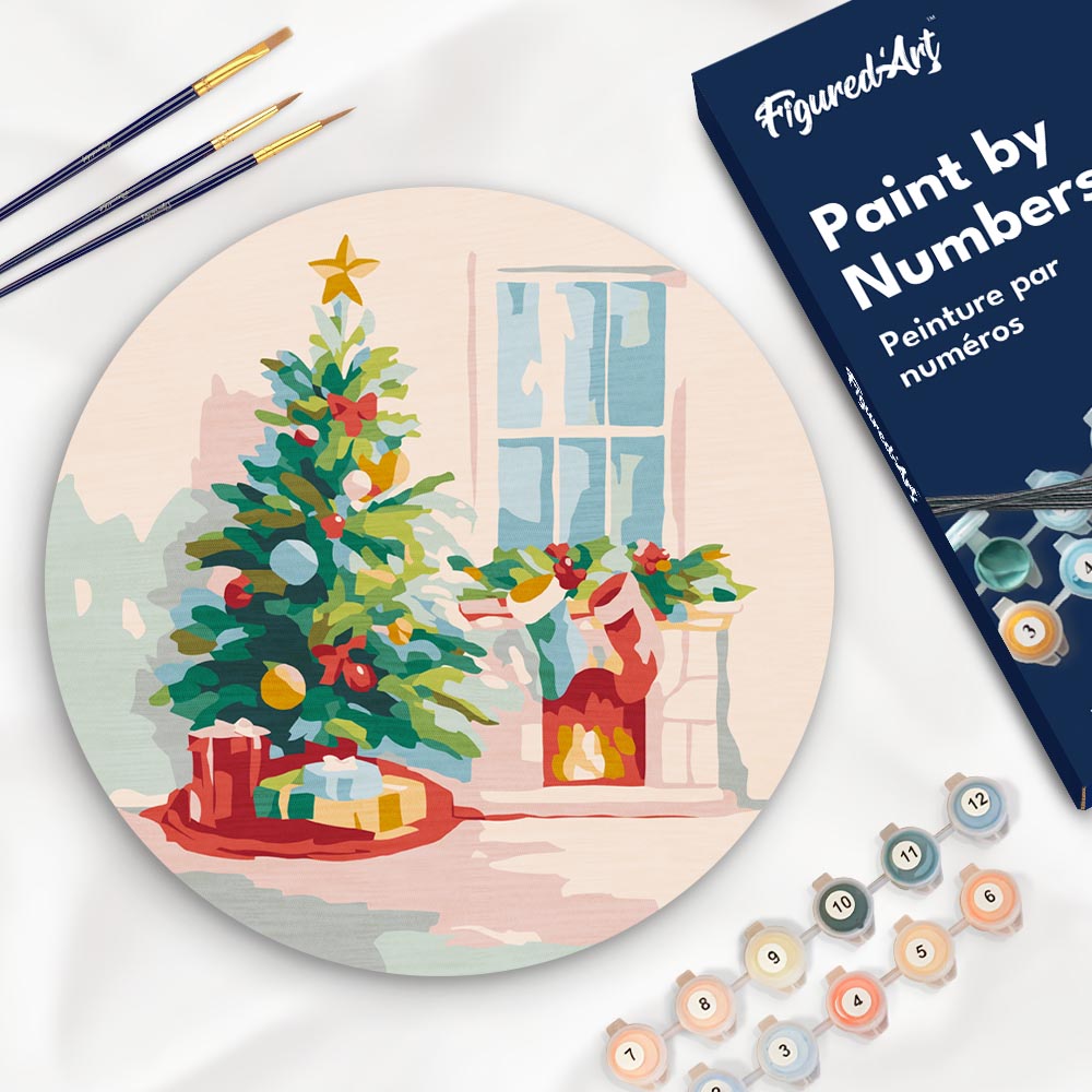 Peinture par Numéro sur Disque en Bois - Sapin et Cheminée