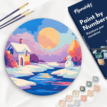 Charger l&#39;image dans la galerie, Peinture par Numéro sur Disque en Bois - Scène Hivernale au Coucher du Soleil