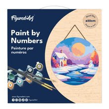 Charger l&#39;image dans la galerie, Peinture par Numéro sur Disque en Bois - Scène Hivernale au Coucher du Soleil