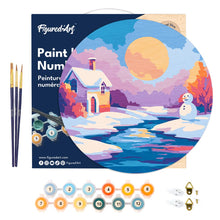 Charger l&#39;image dans la galerie, Peinture par Numéro sur Disque en Bois - Scène Hivernale au Coucher du Soleil