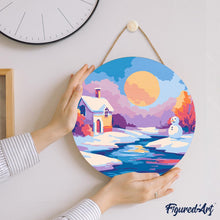 Charger l&#39;image dans la galerie, Peinture par Numéro sur Disque en Bois - Scène Hivernale au Coucher du Soleil