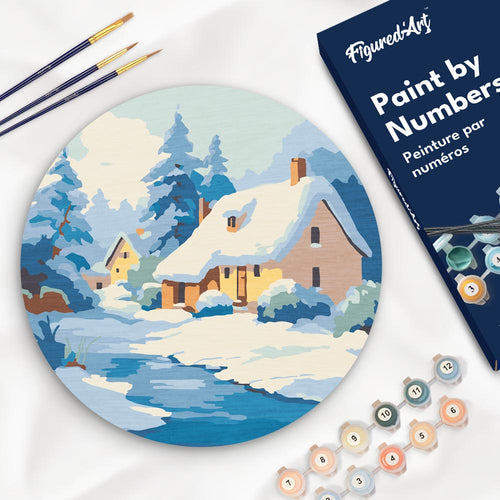 Peinture par Numéro sur Disque en Bois - Chalet en Hiver